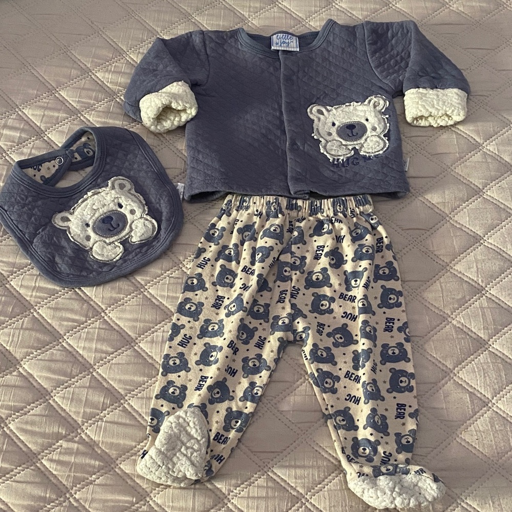 Adorable Bear Print Kids Pajama Set - Gray and Cream